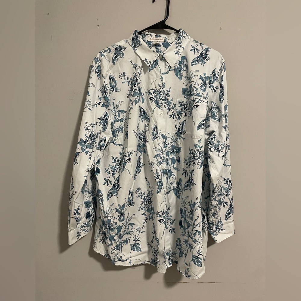 Coldwater Creek Blue Floral Womens Shirt Cottagecore Luxury Feel 2X